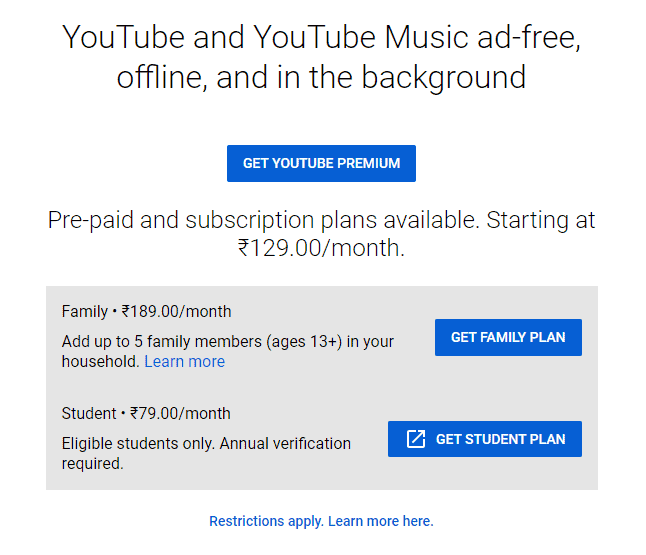 Youtube premium 印度價格