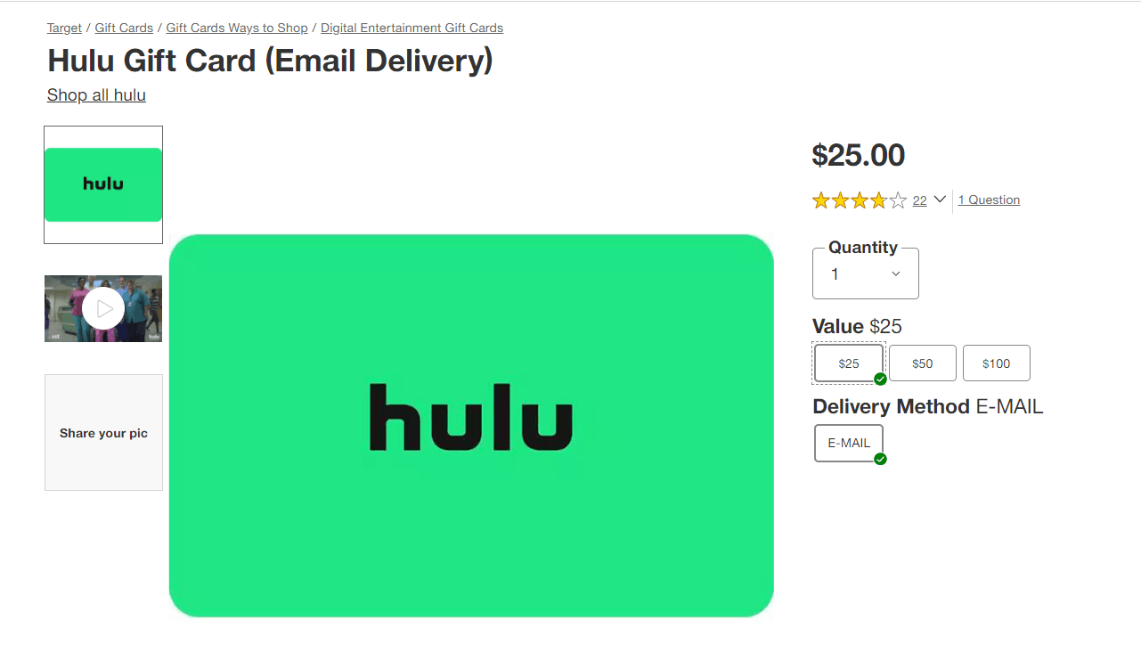 Target Hulu 禮物卡